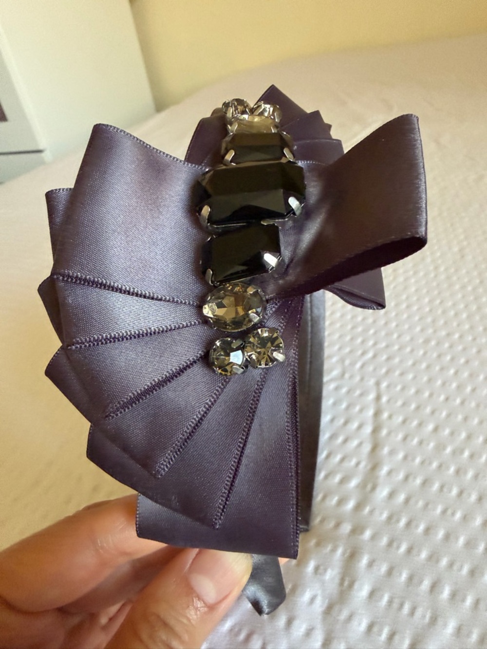 Elegant gray Satin Bow Headband with Jewel Accent
